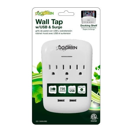 Gogreen Outlet Tap, Surge, USB, 2 USB/3 Outlet(s) White GG-13000USB2-PKG